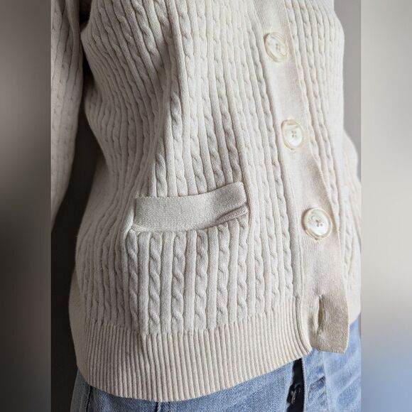 Vintage Cream Cable Knit Cardigan Women’s Petite M Minimal Cotton Pockets - Picture 7 of 10